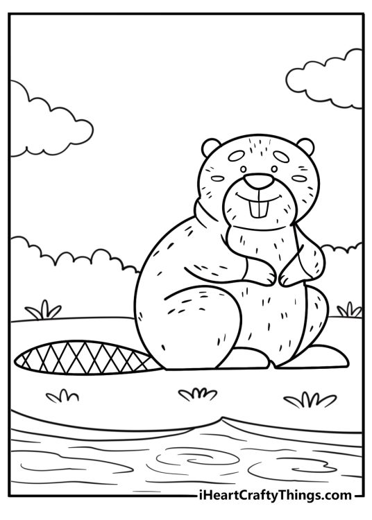 Beaver with large flat tail near the shore coloring page