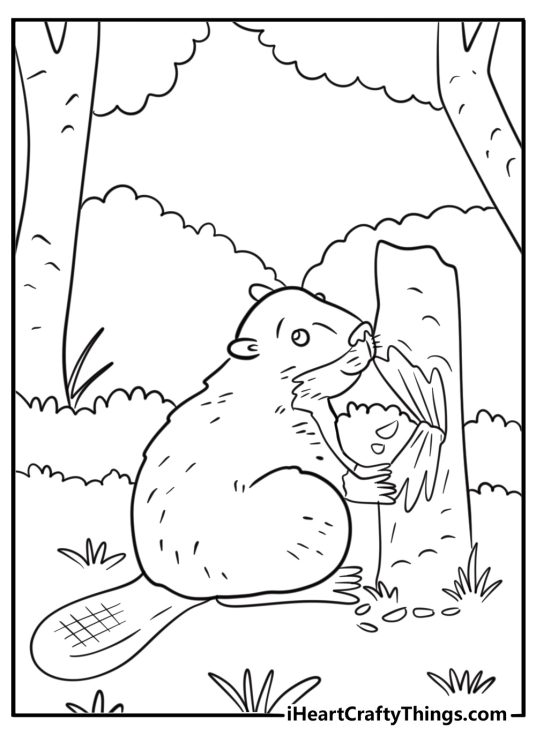 Beaver with sharp teeth near a wooden stump printable coloring sheet