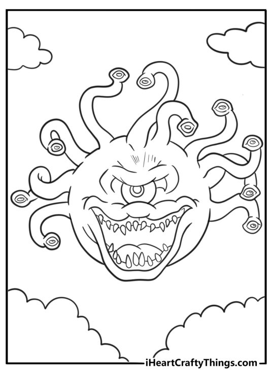 Beholder floating with many eyes open coloring page