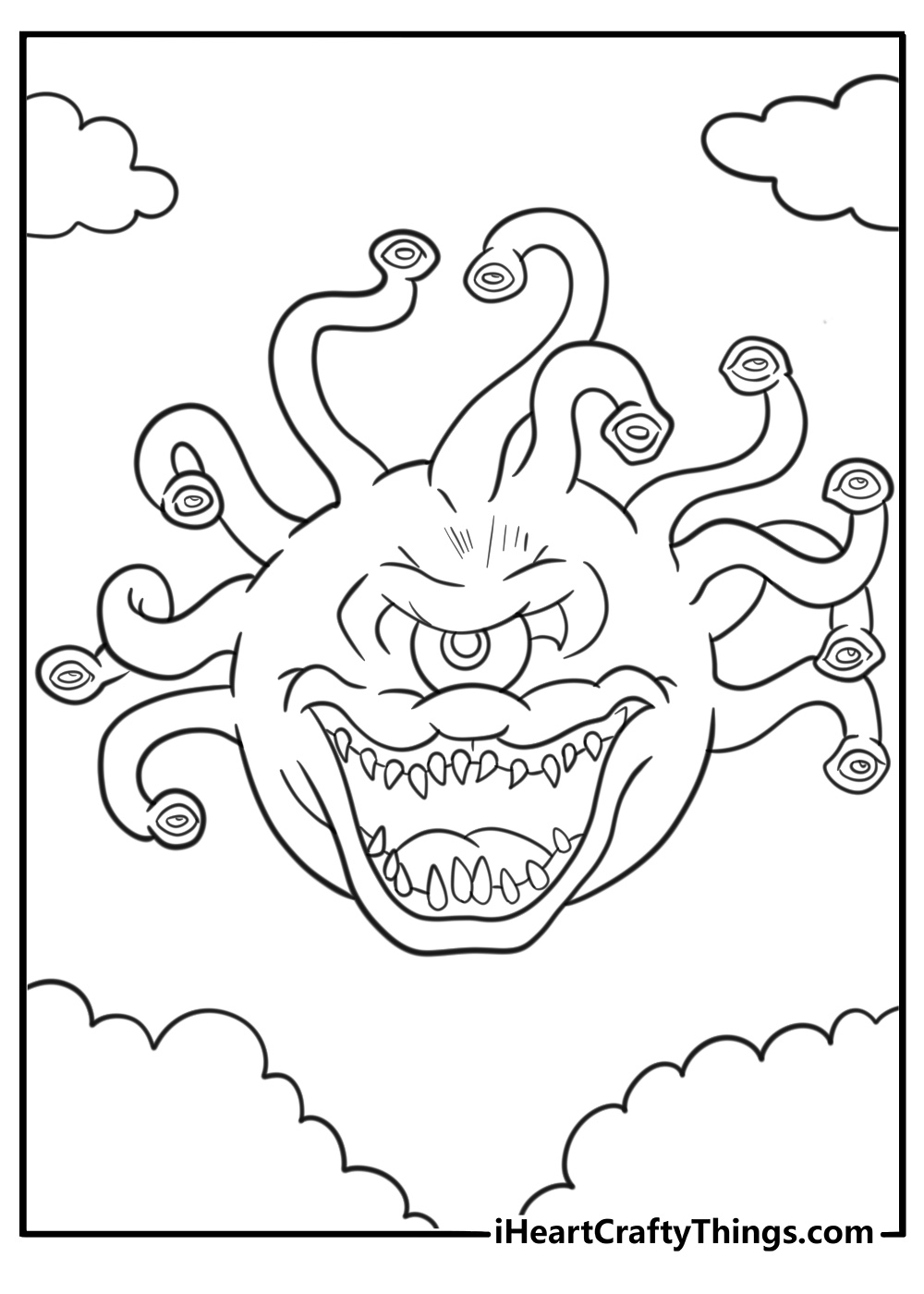 Beholder floating with many eyes open coloring page