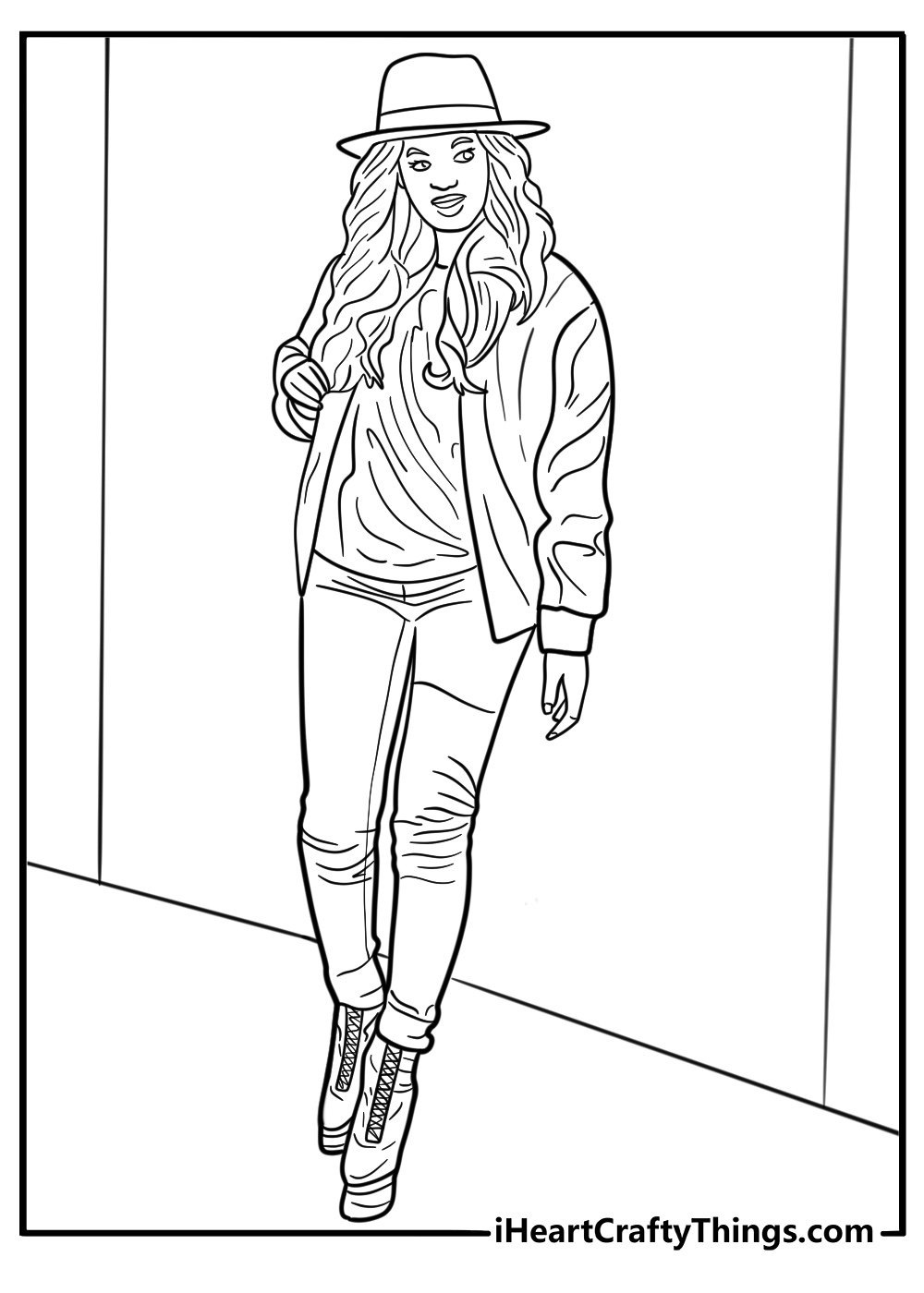Beyonce in a leather jacket and boots detailed coloring sheet
