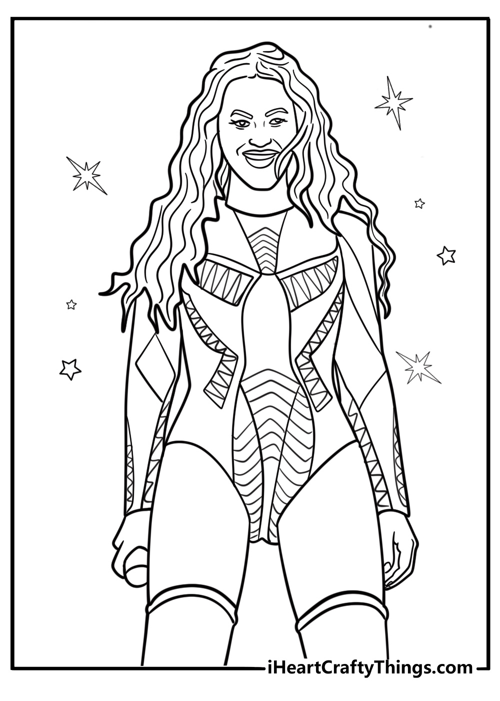 Beyonce in a powerful stance during a concert detailed coloring sheet