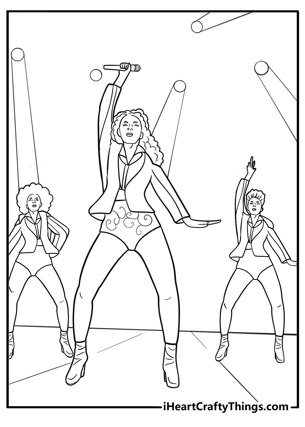 Beyonce with backup dancers on stage detailed coloring sheet