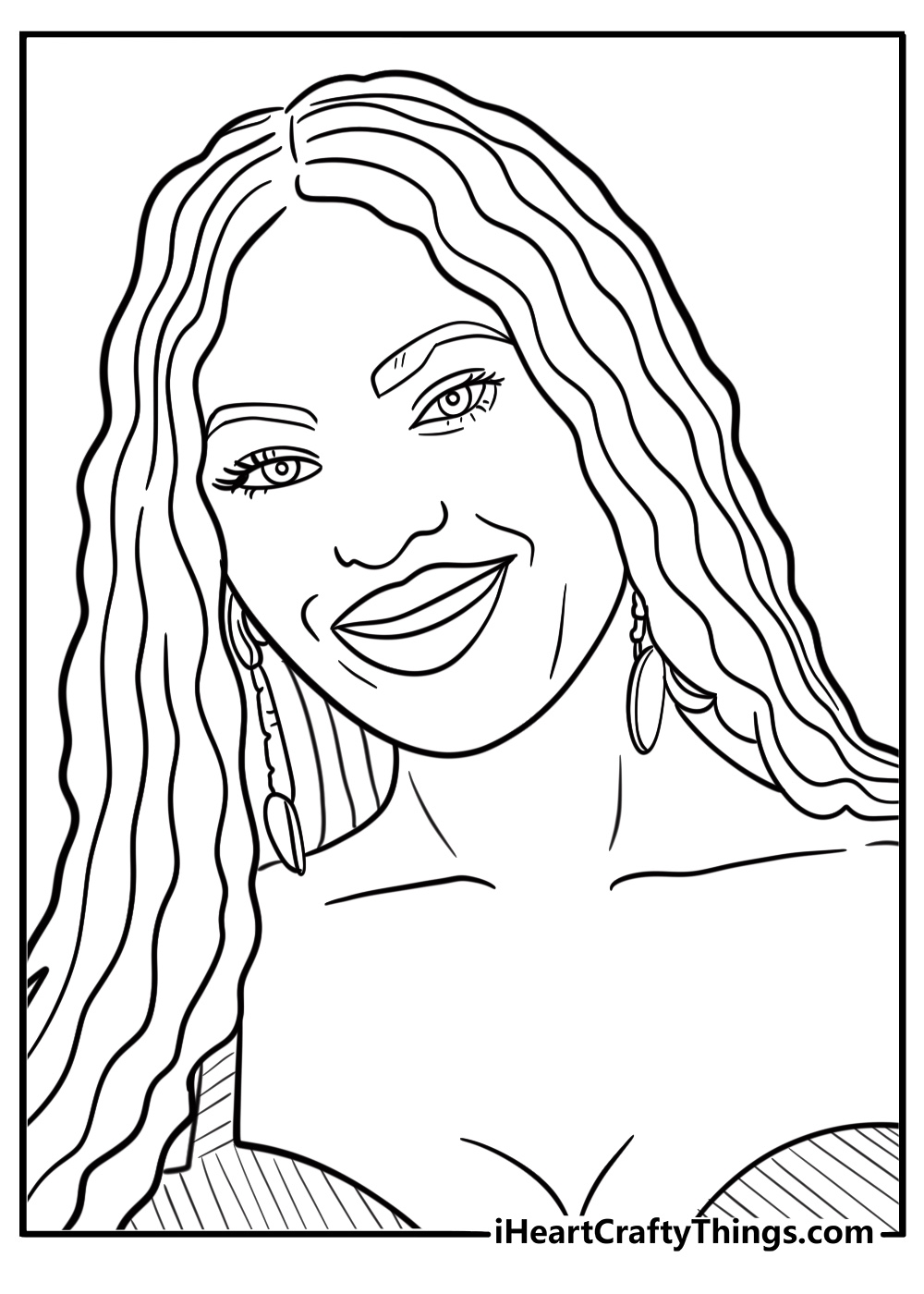 Beyonce with bold makeup and hoop earrings free coloring page PDF