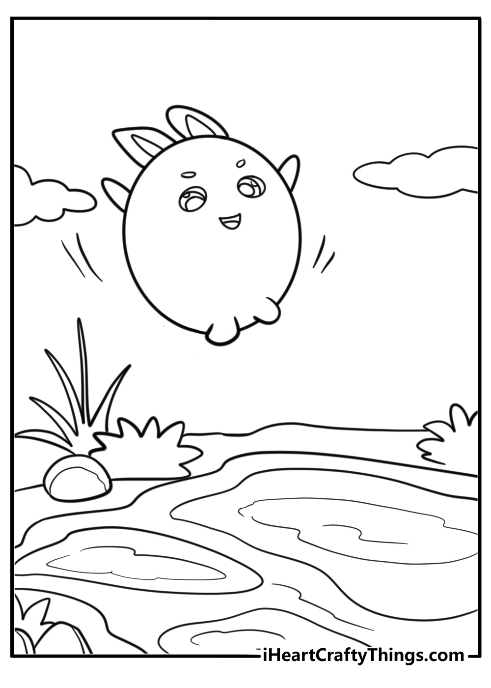 Big Boo gently bouncing next to a pond coloring page