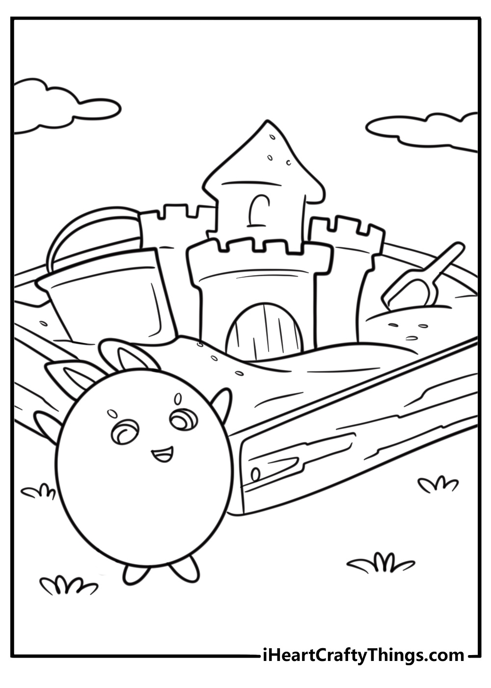 Big Boo sitting near a sandbox coloring page