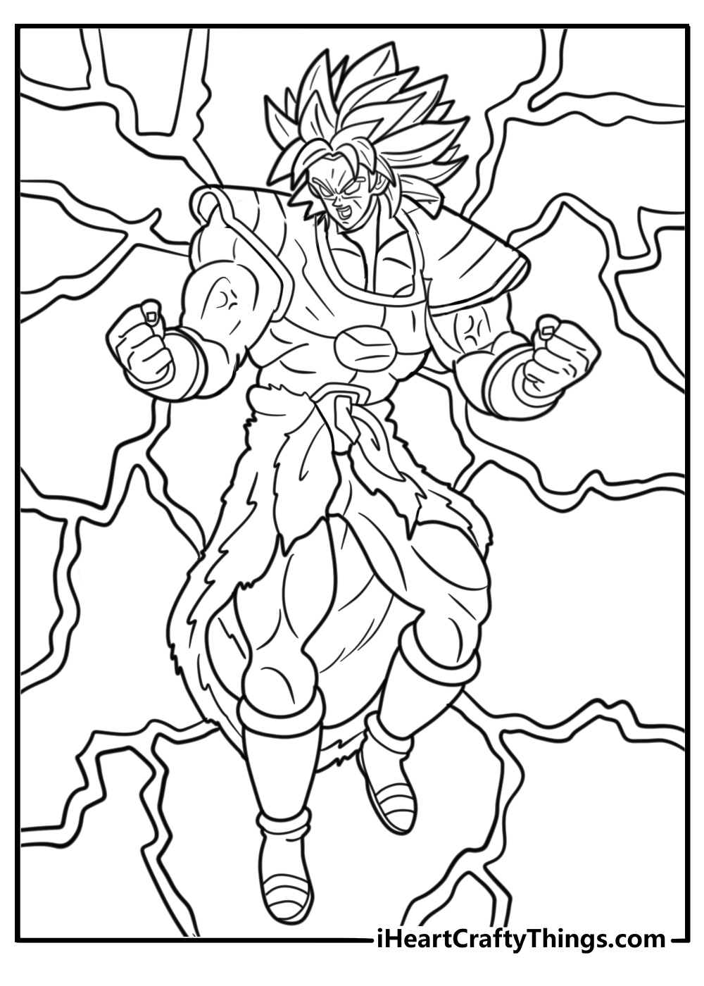 Broly flying through the sky surrounded by energy waves coloring sheet