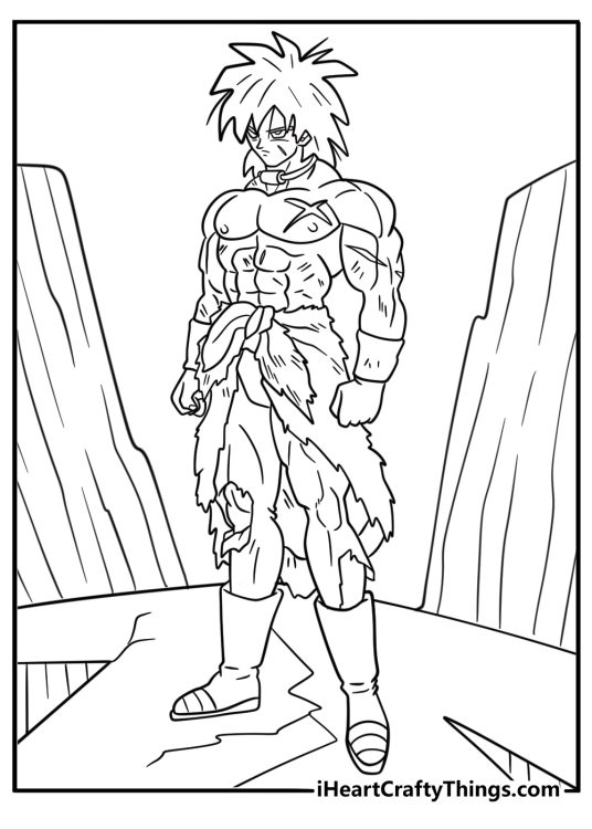 Broly standing over destroyed ground with cracked earth coloring page
