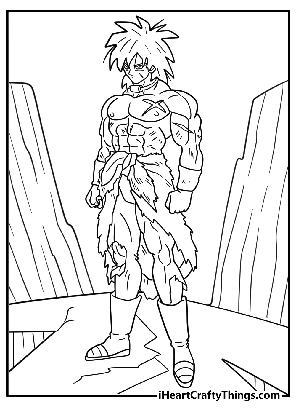 Broly standing over destroyed ground with cracked earth coloring page