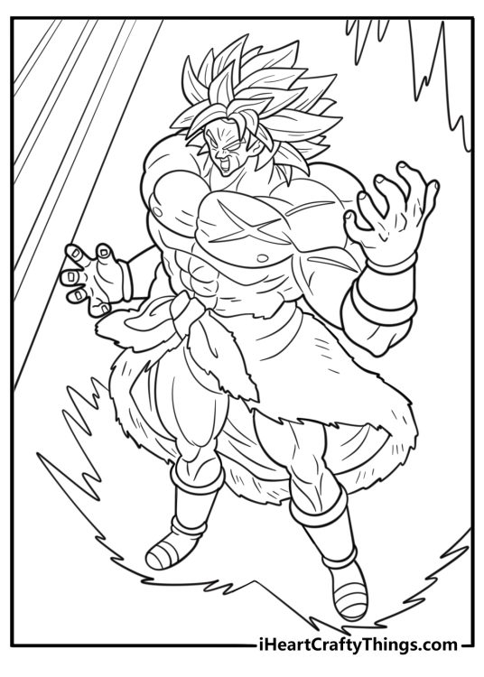 Broly surrounded by a green energy aura coloring page