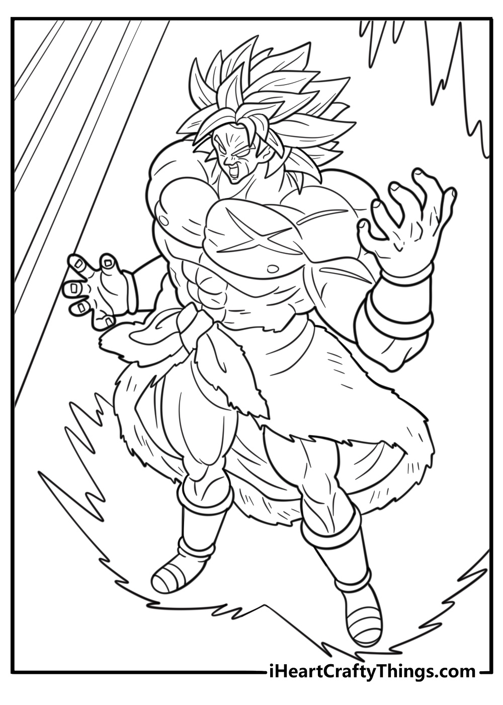 Broly surrounded by a green energy aura coloring page