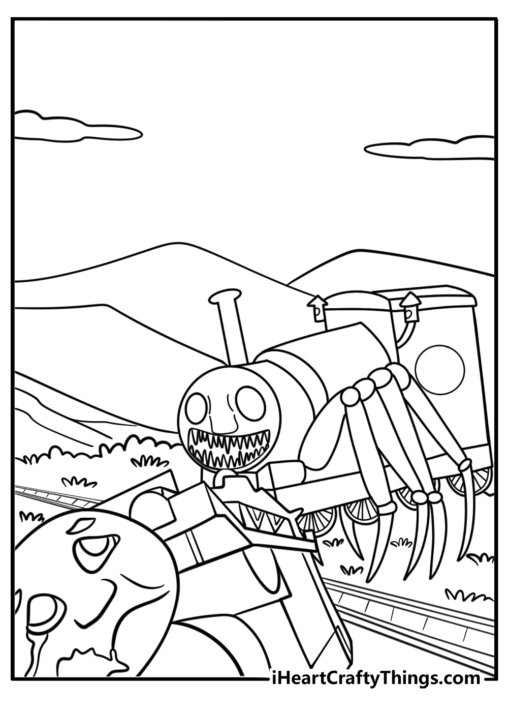 Burnt train wreckage after a Choo Choo Charles encounter in the woods coloring sheet