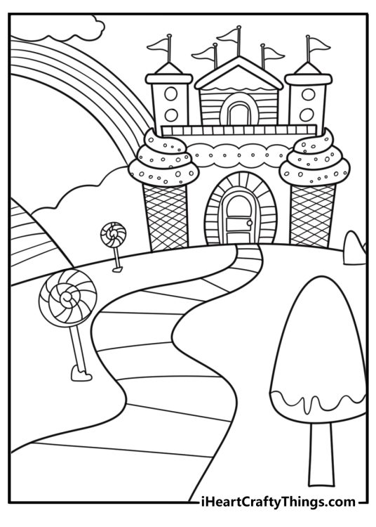 Candyland castle with candy towers coloring page