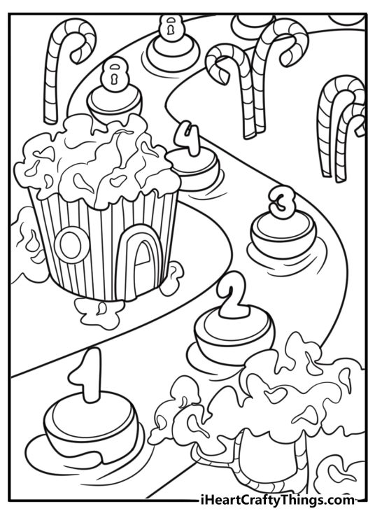 Caramel river flowing between the game paths coloring page