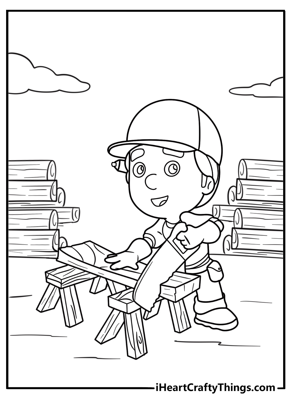 Carpenter using a saw on wood coloring page