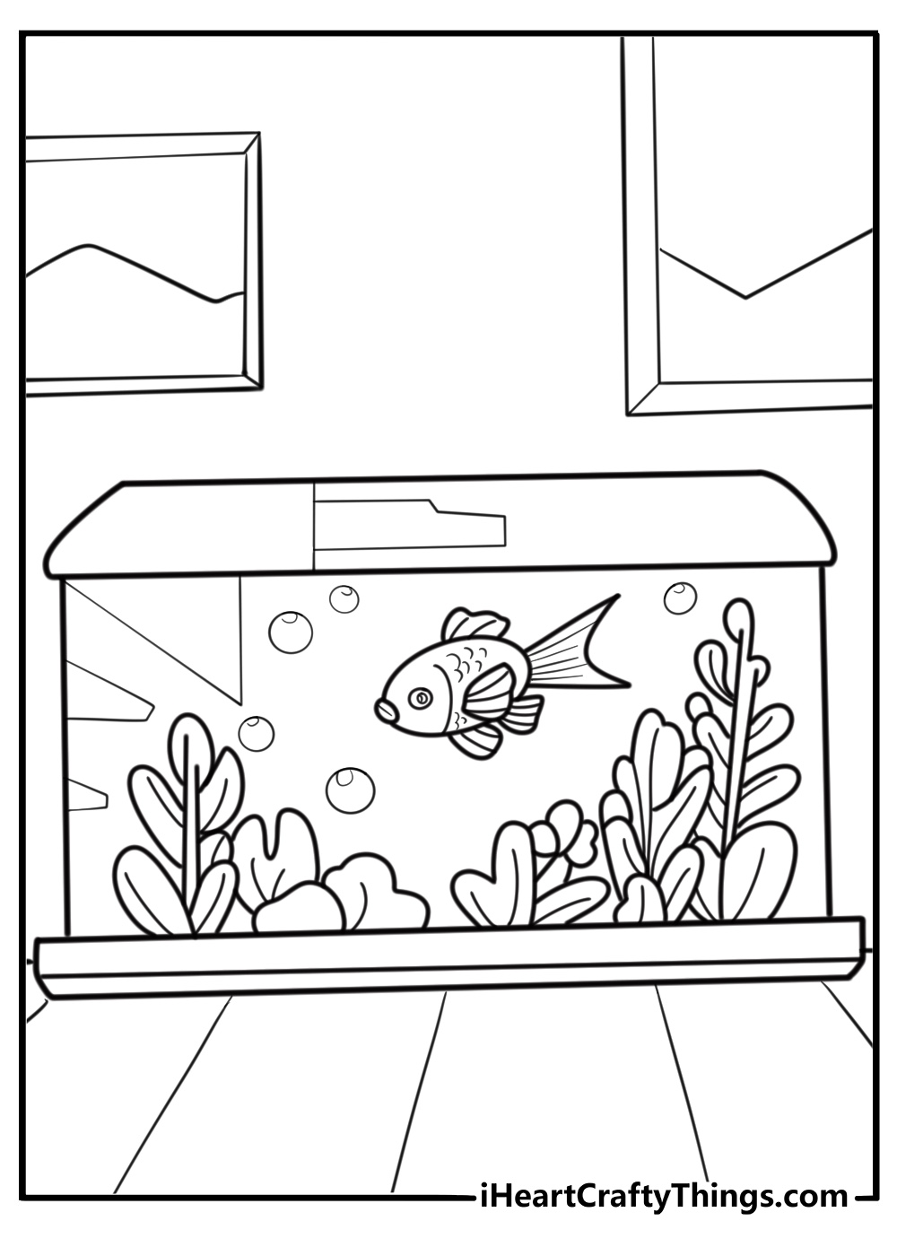 Cartoon goldfish in a tank with decorations coloring page