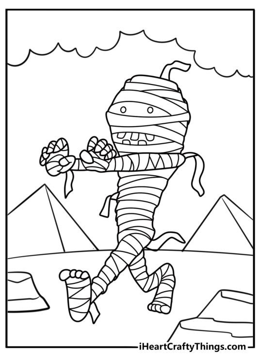 Cartoon mummy wandering in the desert coloring sheet