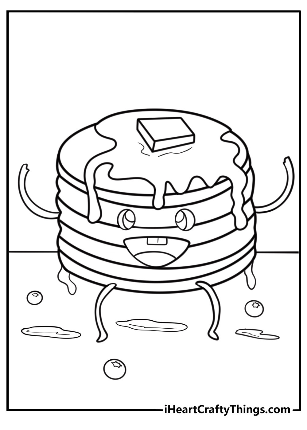 Cartoon stack of pancakes with legs and arms coloring sheet