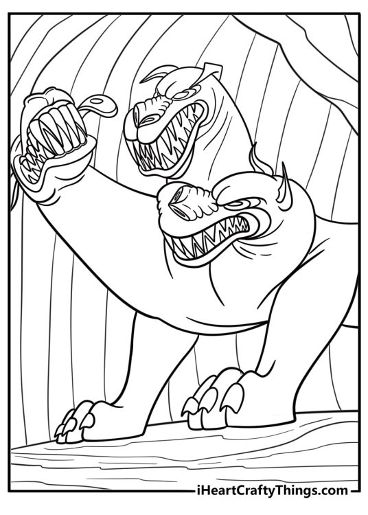 Cerberus the-three headed dog growling at Hercules coloring sheet