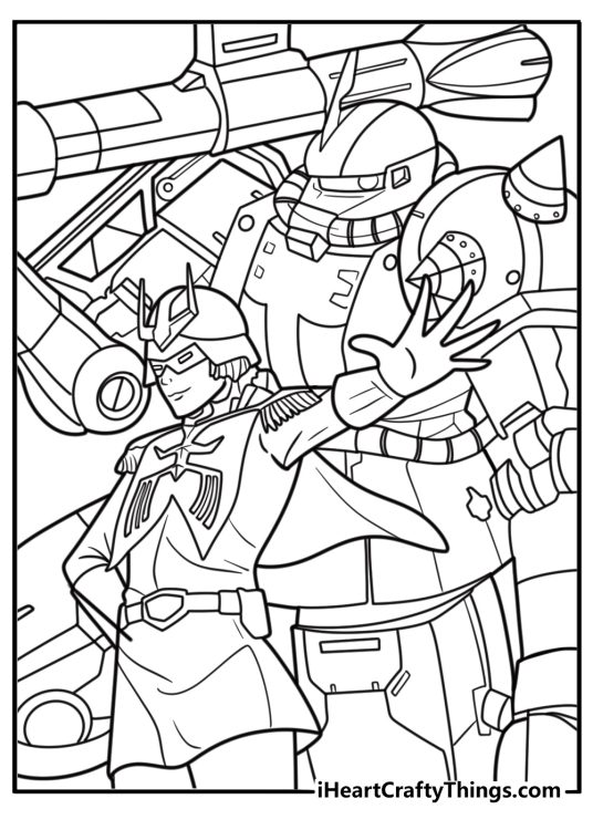 Char Aznable in helmet next to his red Zaku coloring sheet