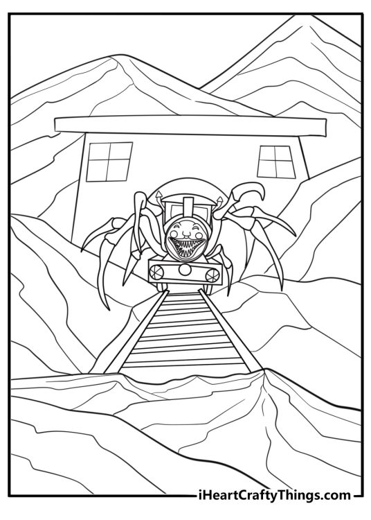 Charles bursting from the bushes near a rail switching station printable coloring sheet