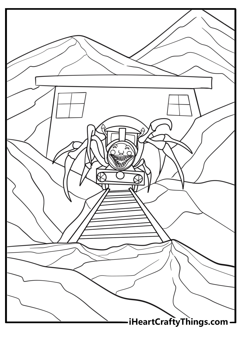 Charles bursting from the bushes near a rail switching station printable coloring sheet