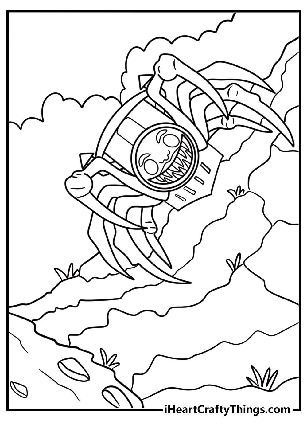 Charles climbing the side of a cliff with twisted rails underneath coloring page