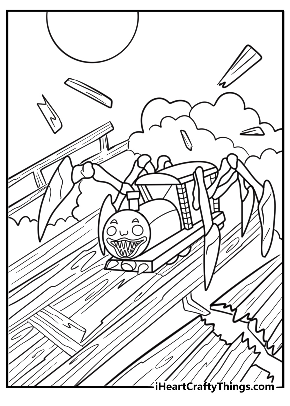 Charles spotted near an old rail bridge deep in the woods coloring page