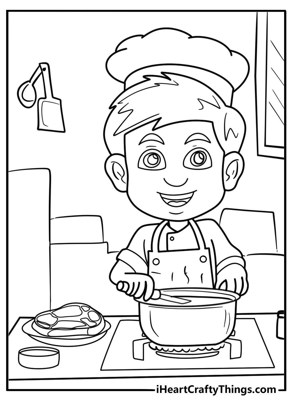 Chef cooking in a kitchen printable Labor Day coloring page