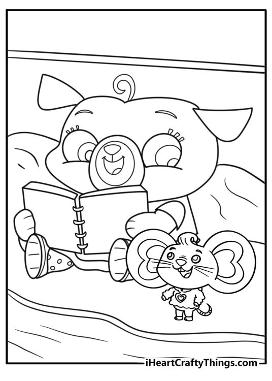 Chip reading a bedtime story with Potato coloring sheet
