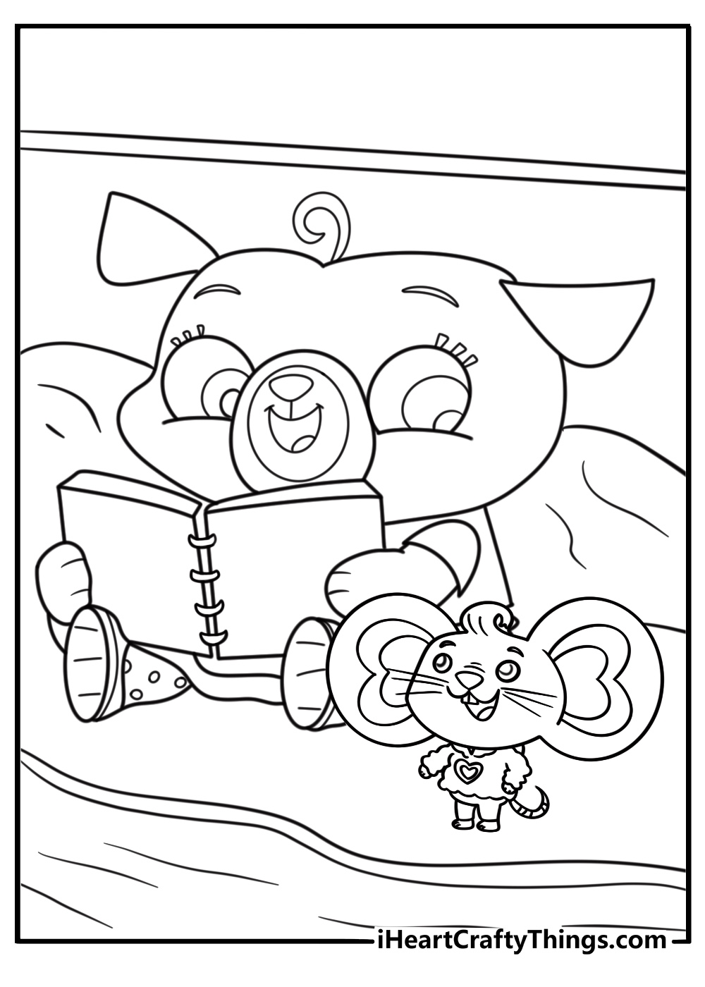 Chip reading a bedtime story with Potato coloring sheet