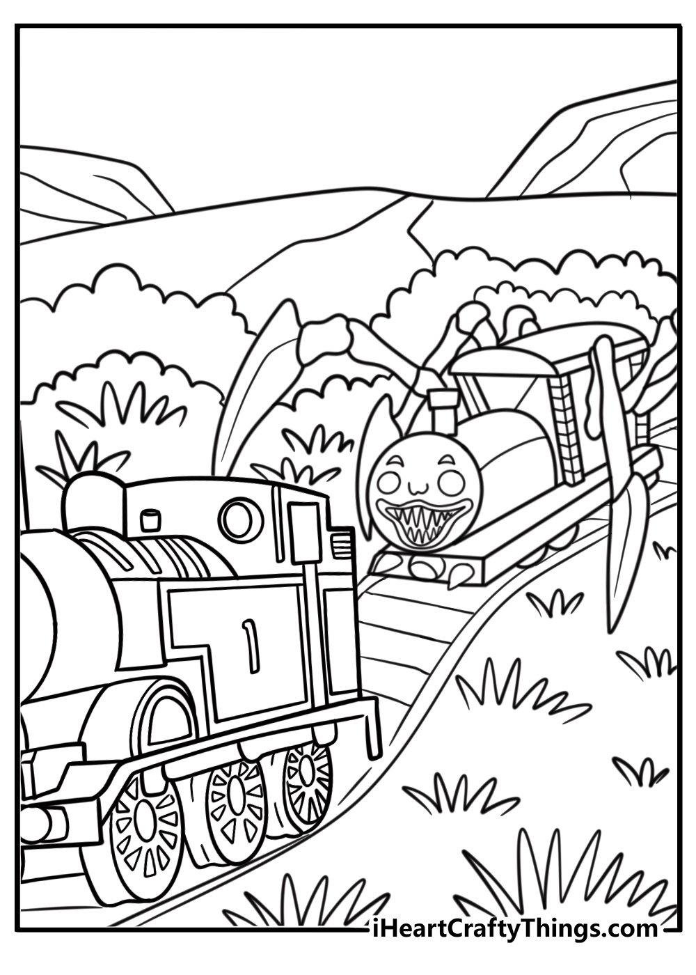 Choo Choo Charles ambushing at a switching yard with scattered debris coloring sheet