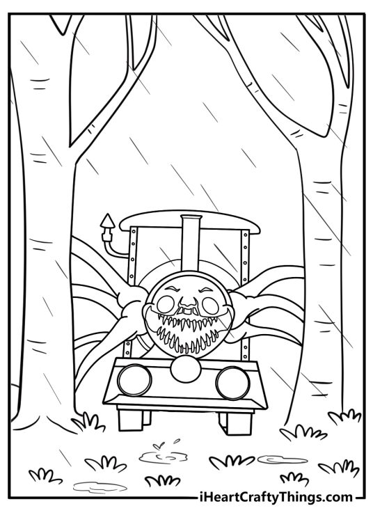 Choo Choo Charles ambushing from the trees on a rainy night coloring page pdf