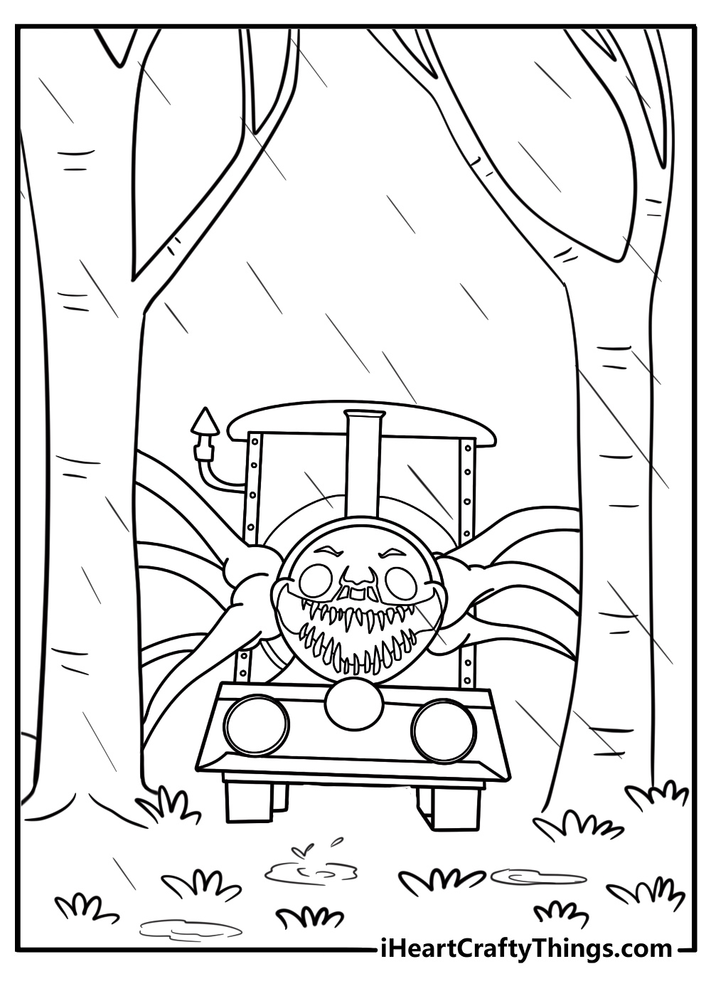 Choo Choo Charles ambushing from the trees on a rainy night coloring page pdf