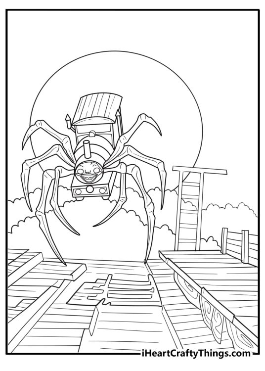 Choo Choo Charles attacking a wooden bridge above a ravine coloring page