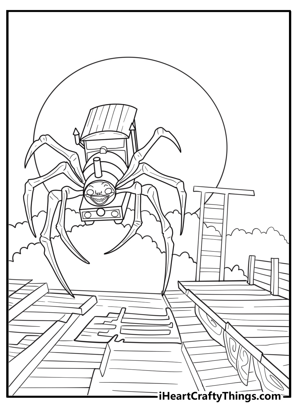 Choo Choo Charles attacking a wooden bridge above a ravine coloring page