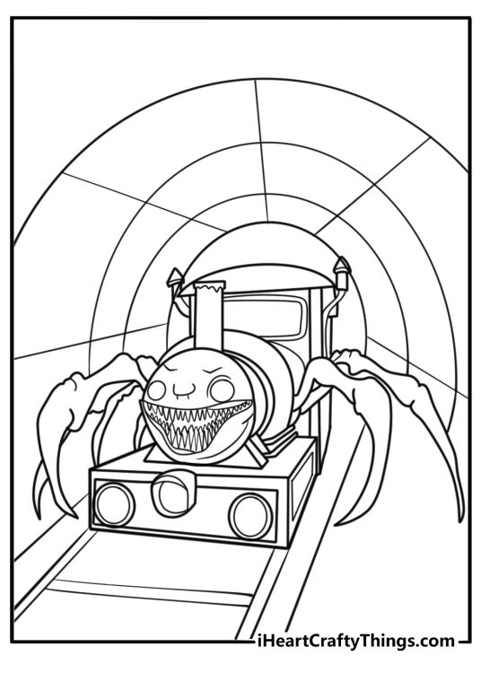 Choo Choo Charles charging down a railway tunnel in the dark coloring sheet