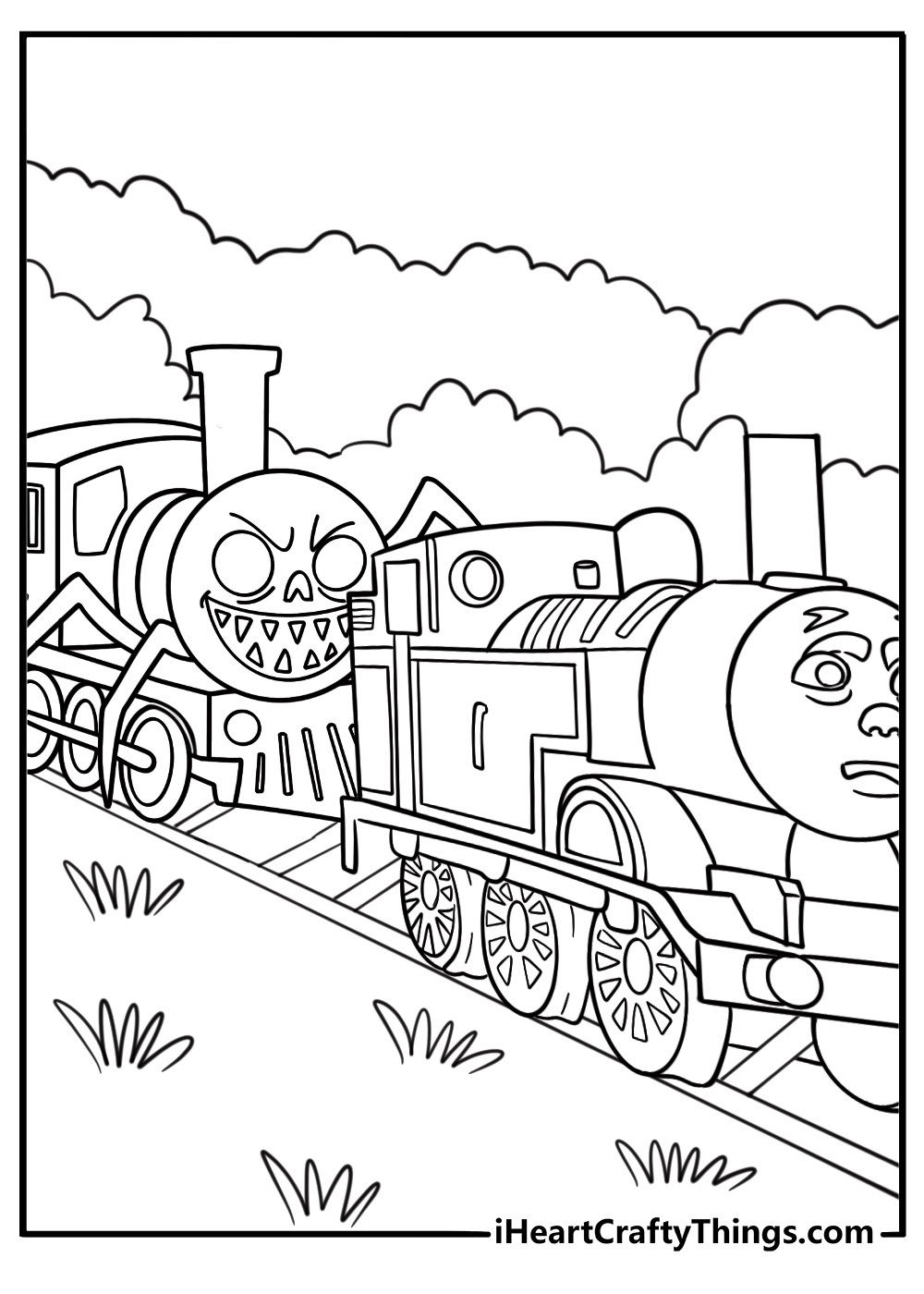 Choo Choo Charles chasing a rail cart across broken tracks coloring sheet