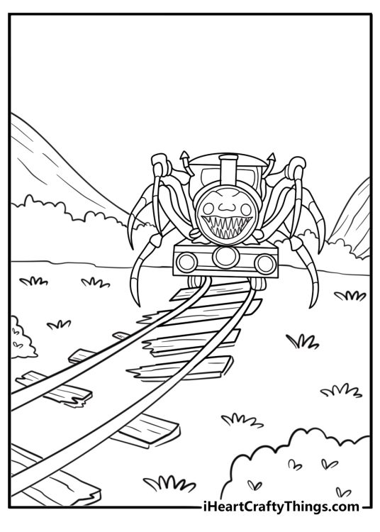 Choo Choo Charles crawling across destroyed train tracks coloring page