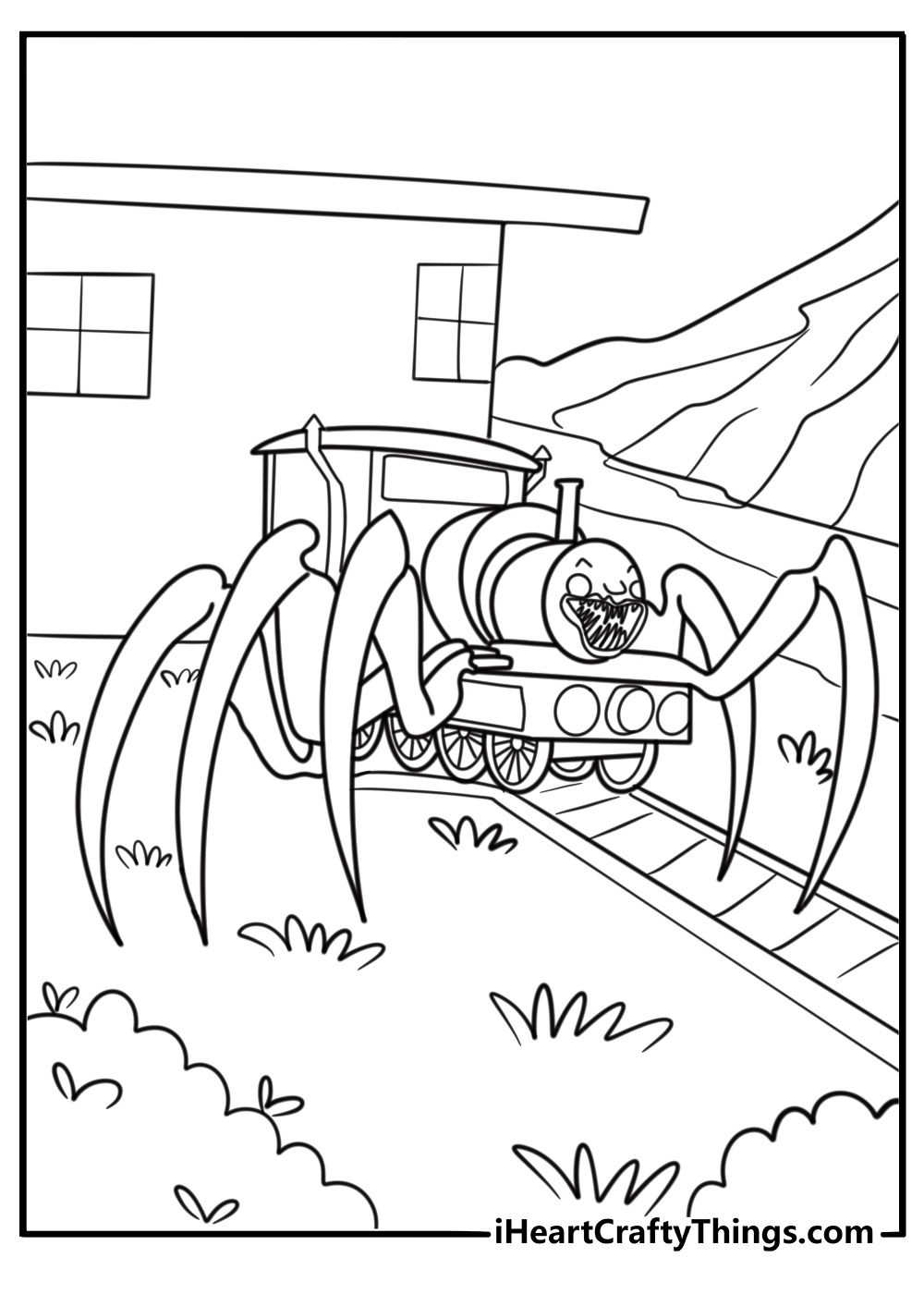 Choo Choo Charles crawling over an abandoned village near the tracks coloring page