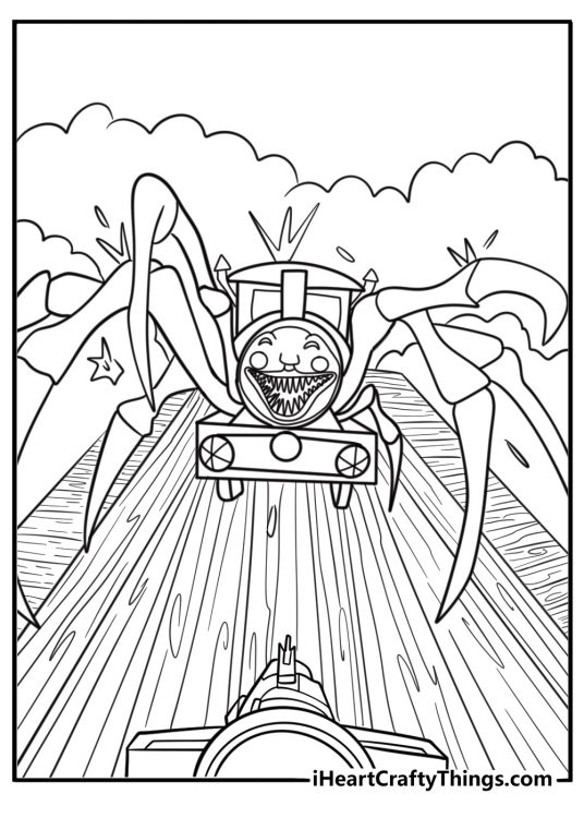 Choo Choo Charles damaged and sparking in the final battle coloring page