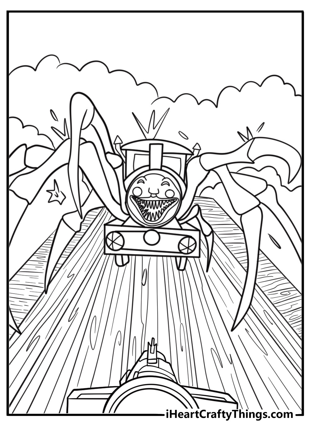 Choo Choo Charles damaged and sparking in the final battle coloring page