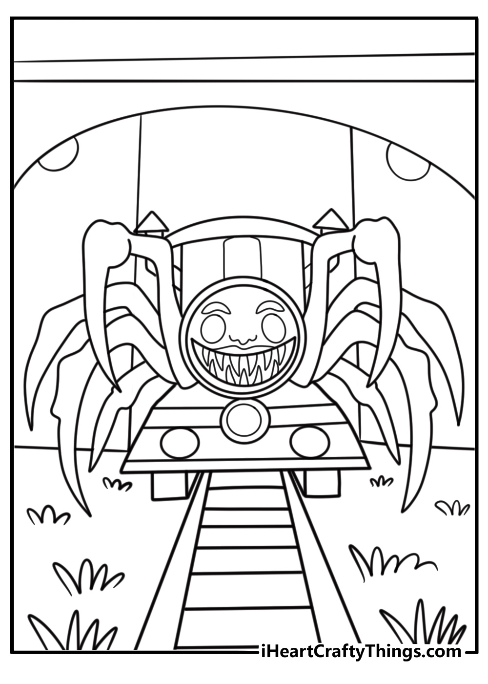Choo Choo Charles emerging from the fog near an abandoned station coloring page pdf