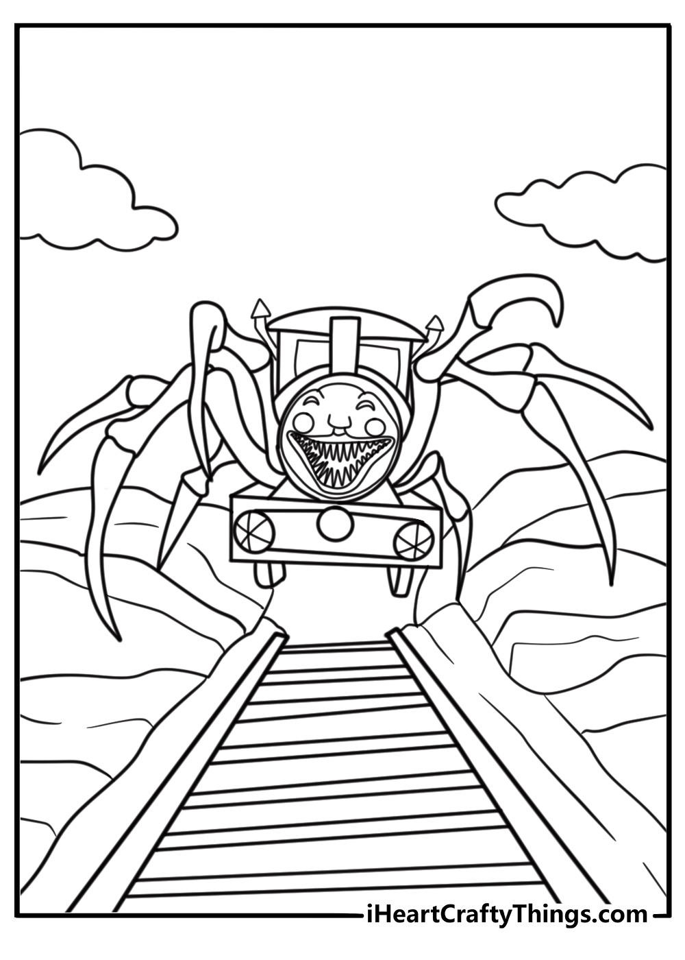 Choo Choo Charles mid attack with his claws raised on a night rail line coloring page