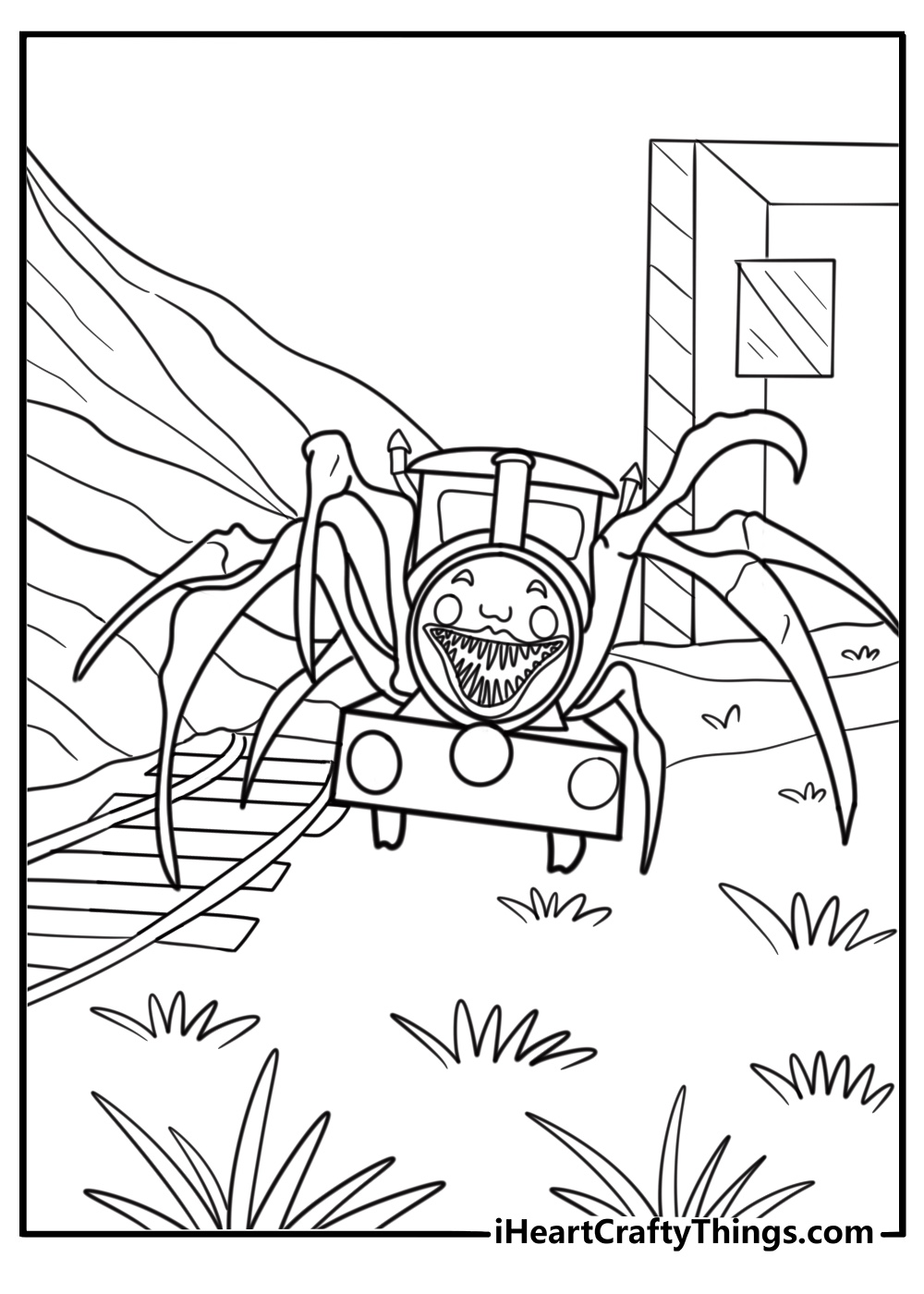Choo Choo Charles scaling a mountainside near a railway shack coloring page pdf