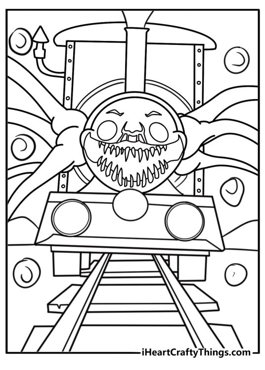 Choo Choo Charles surrounded by glowing red lights at night coloring page