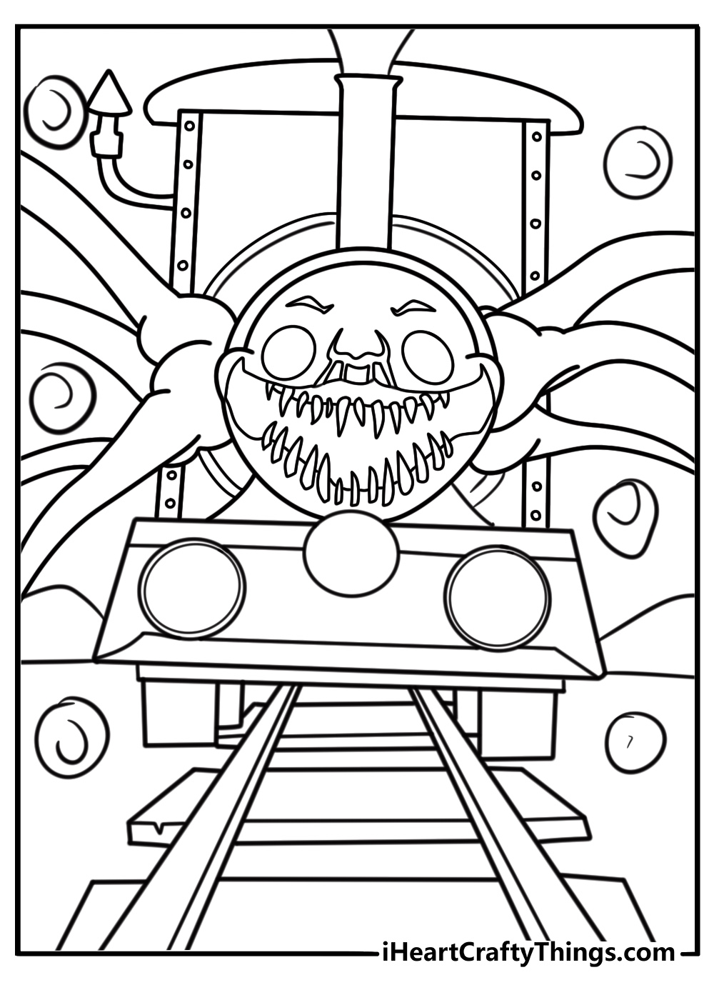 Choo Choo Charles surrounded by glowing red lights at night coloring page