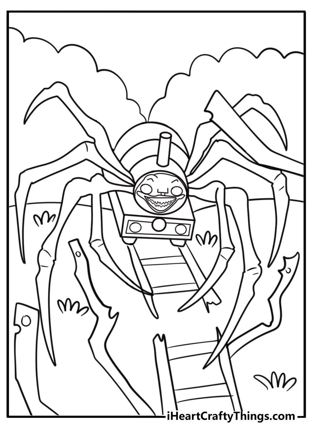 Choo Choo Charles tearing through a metal fence near the tracks coloring page pdf