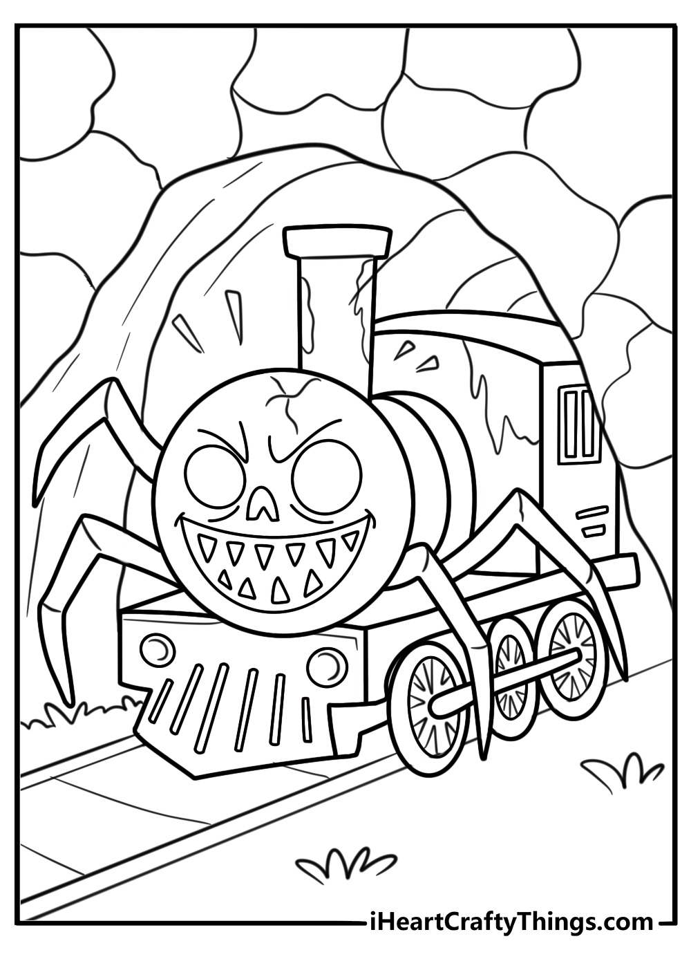Choo Choo Charles with glowing red eyes and sharp teeth printable coloring sheet