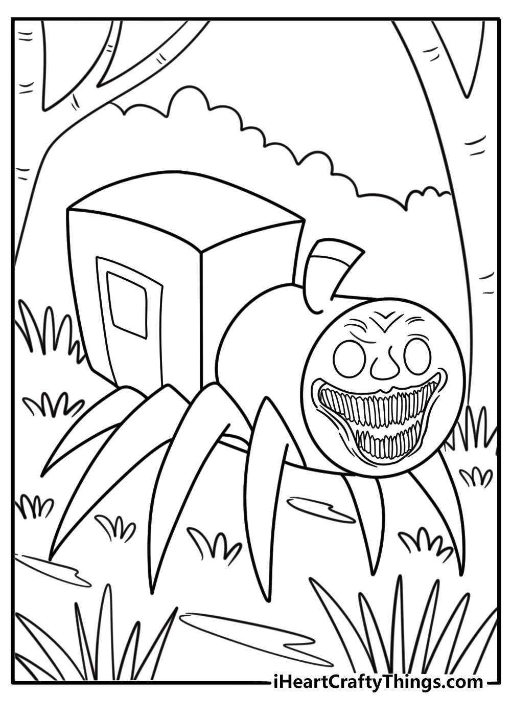 Choo Choo Charles with his spider legs crawling through the forest coloring page